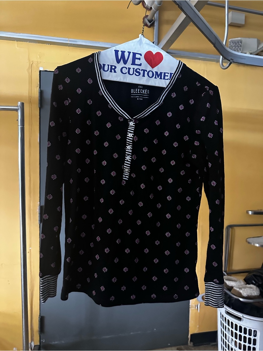 Jane and Bleecker Black and White Striped Henley with Magenta Tie